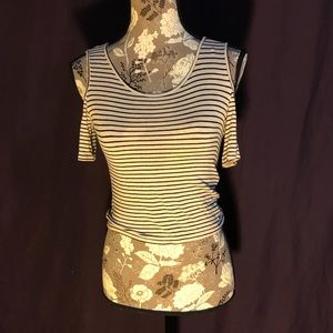 Navy and cream open shoulder crop top